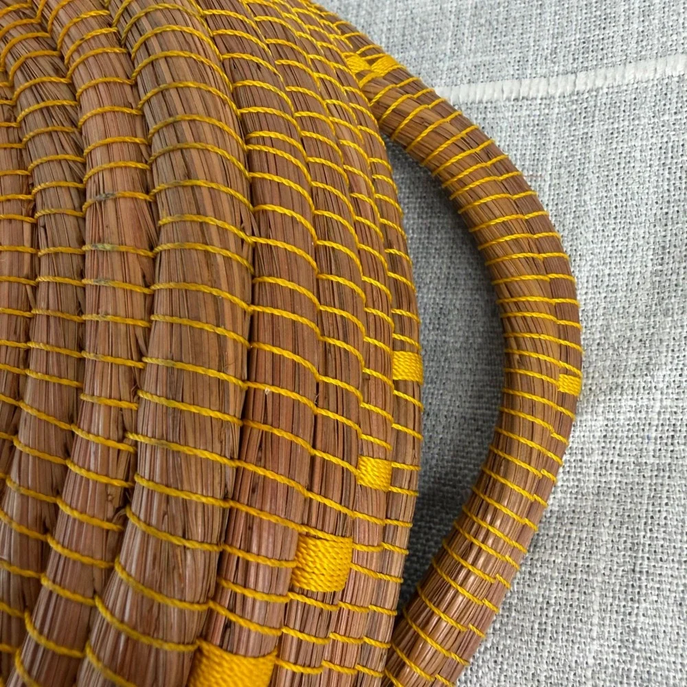 Pine Needle Woven Basket Yellow‎ Brown Cottagecore Round Basket 2 Handles 11